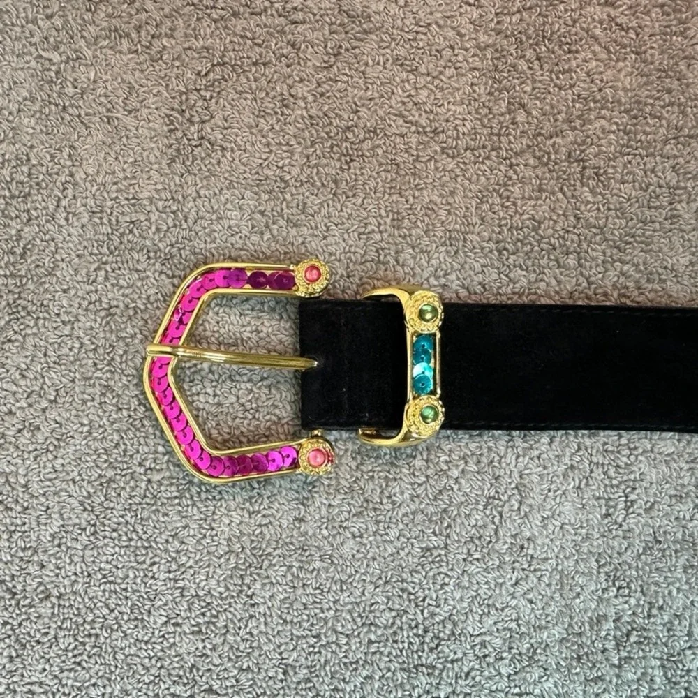 Vintage Express Black Suede Leather Belt Sequin Gold Buckle Made in Italy Medium